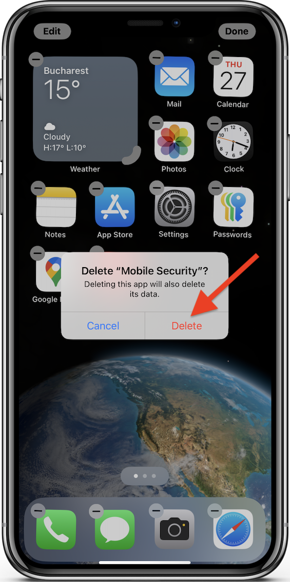 Tap 'Delete' to uninstall Bitdefender Mobile Security for iOS