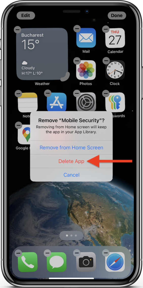 Tap 'Delete App' to uninstall Bitdefender Mobile Security for iOS