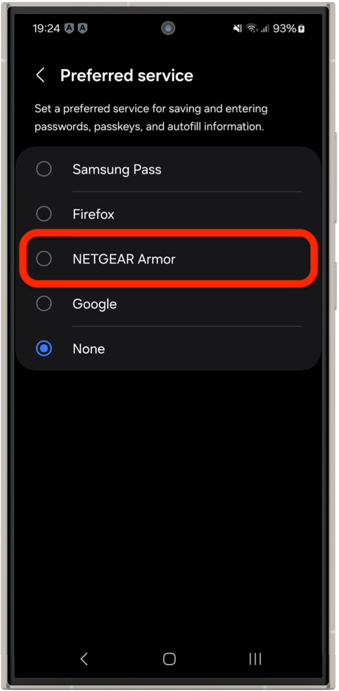 Set NETGEAR Armor as default password manager on Android