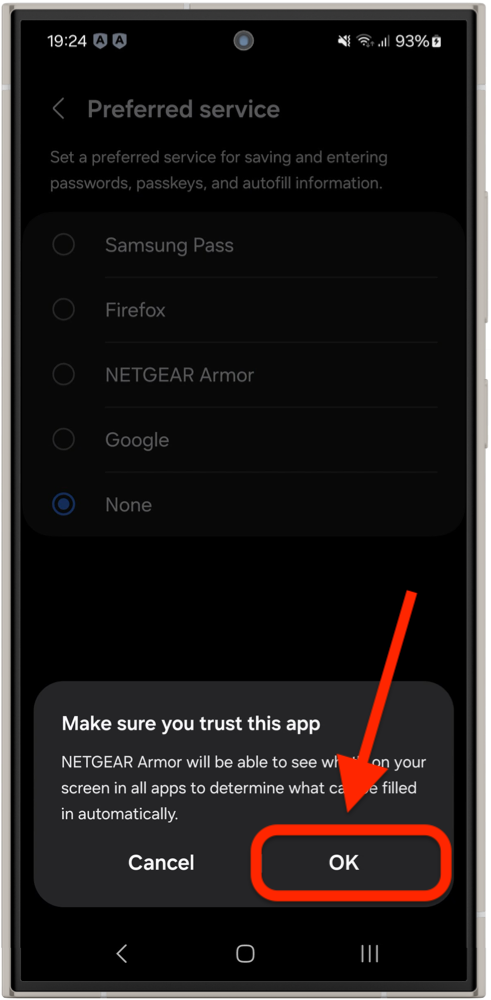 Tap OK to set NETGEAR Armor as default password manager on Android