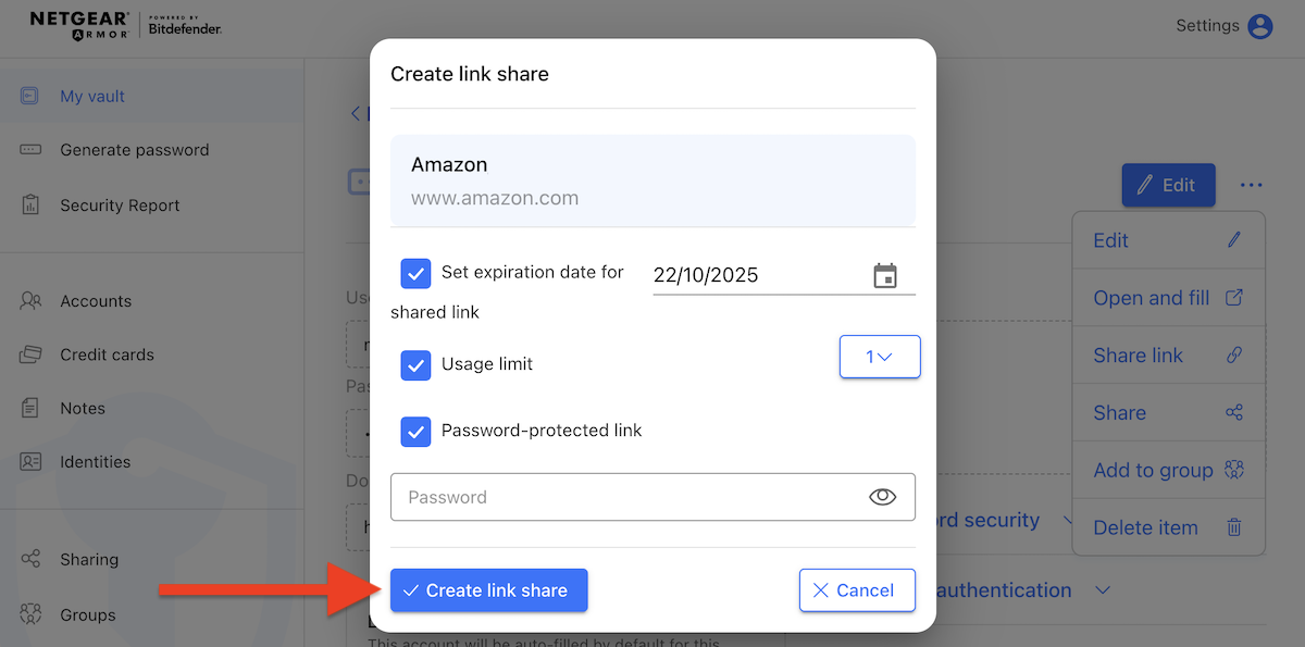 Create link to share passwords