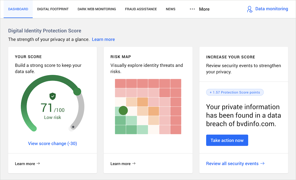 Bitdefender Digital Identity Protection dashboard - Digital identity protection score