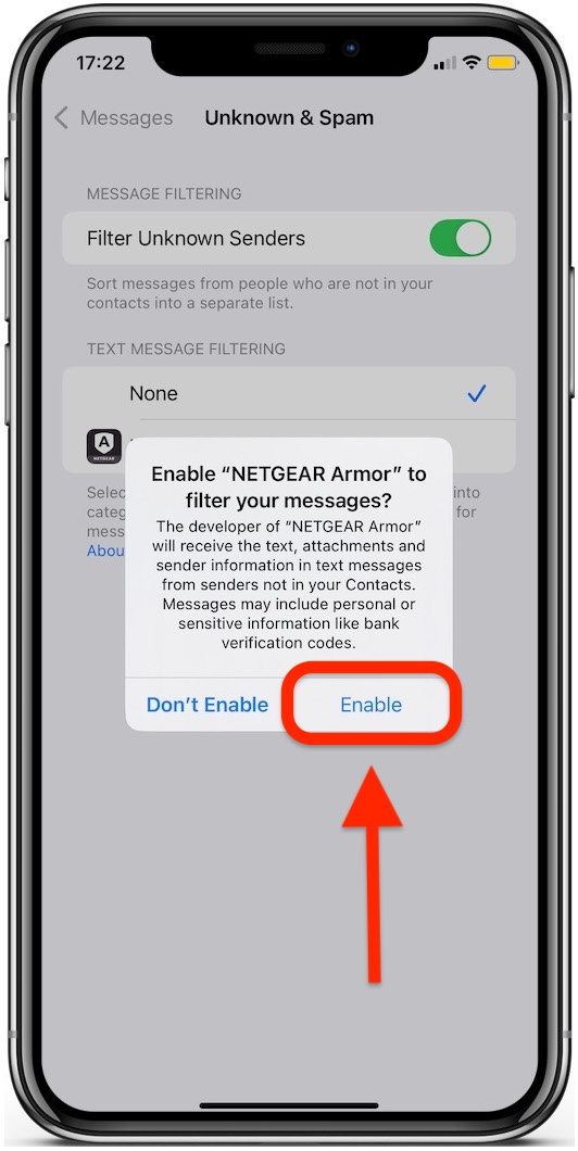 Enable NETGEAR Armor to filter messages on iOS