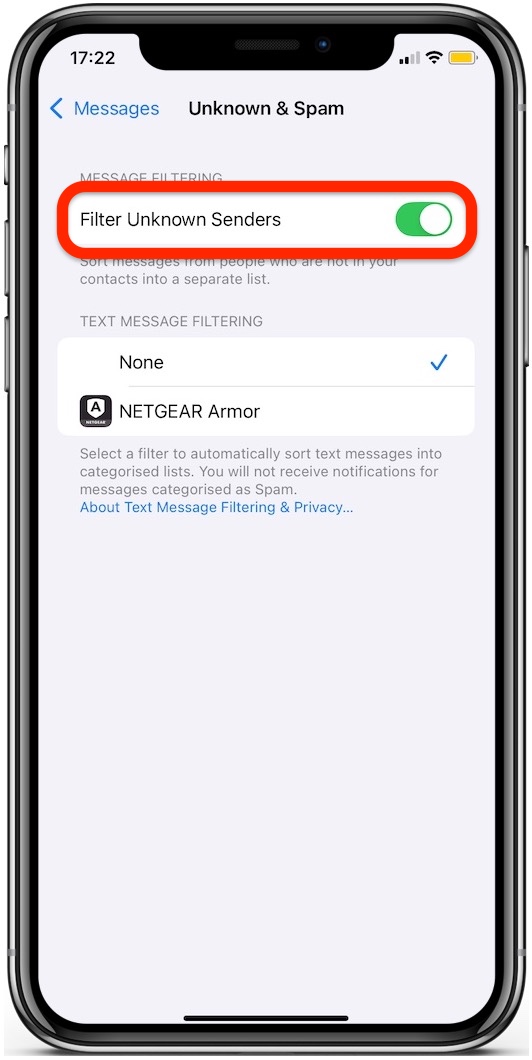 Filter Unknown Senders - How to set NETGEAR Armor for iOS to filter text messages