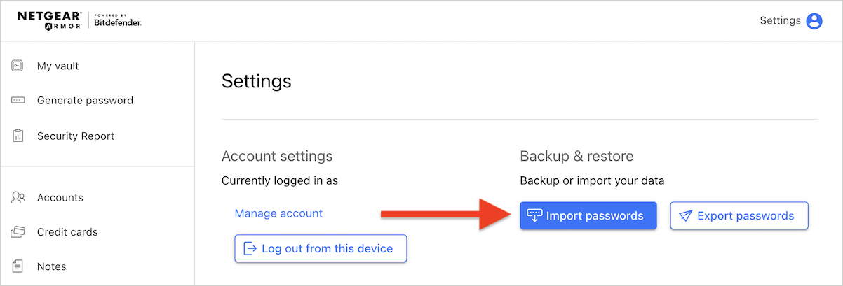 Import passwords in NETGEAR Armor Password Manager