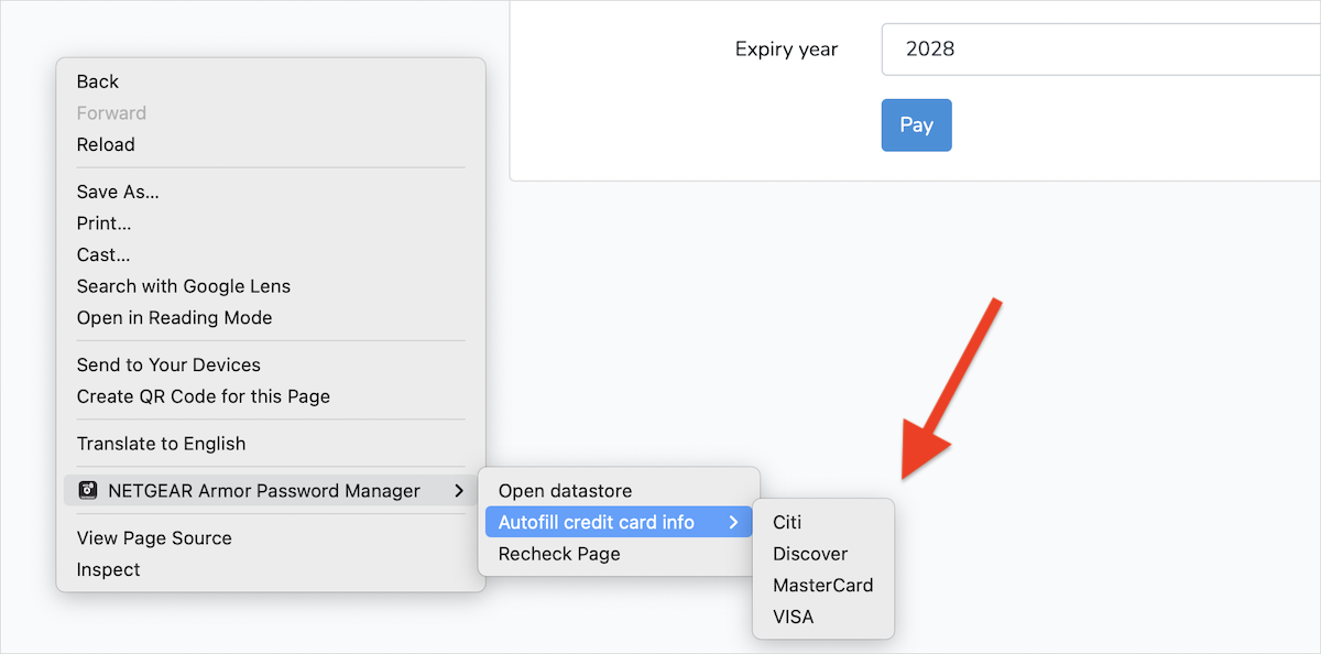 Autofill credit card info