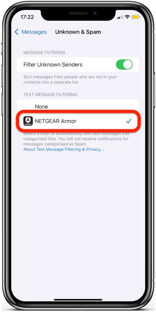 How to set NETGEAR Armor for iOS to filter text messages
