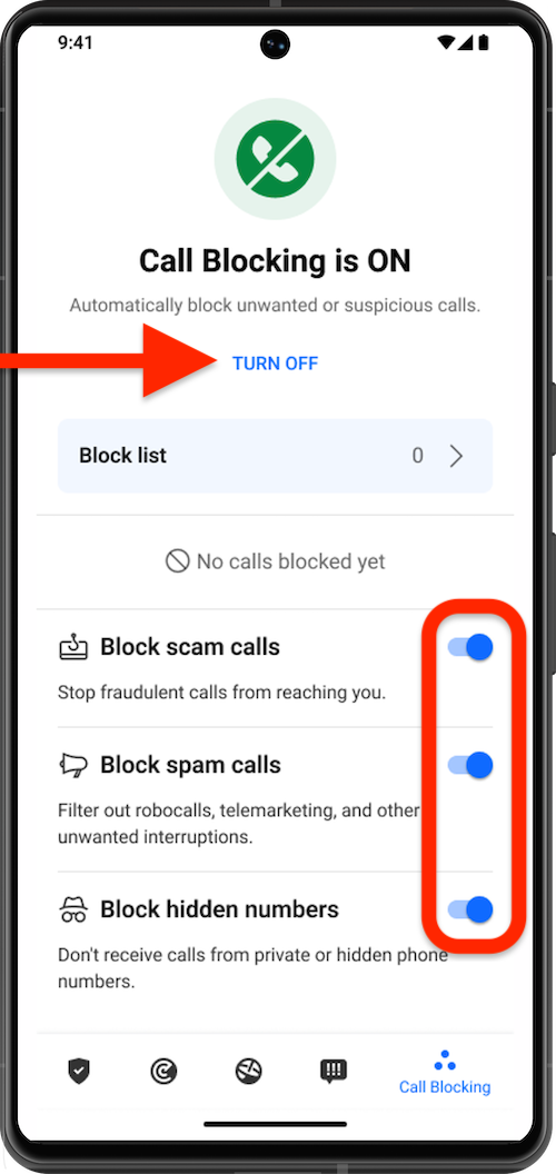 Bitdefender Call Blocking options