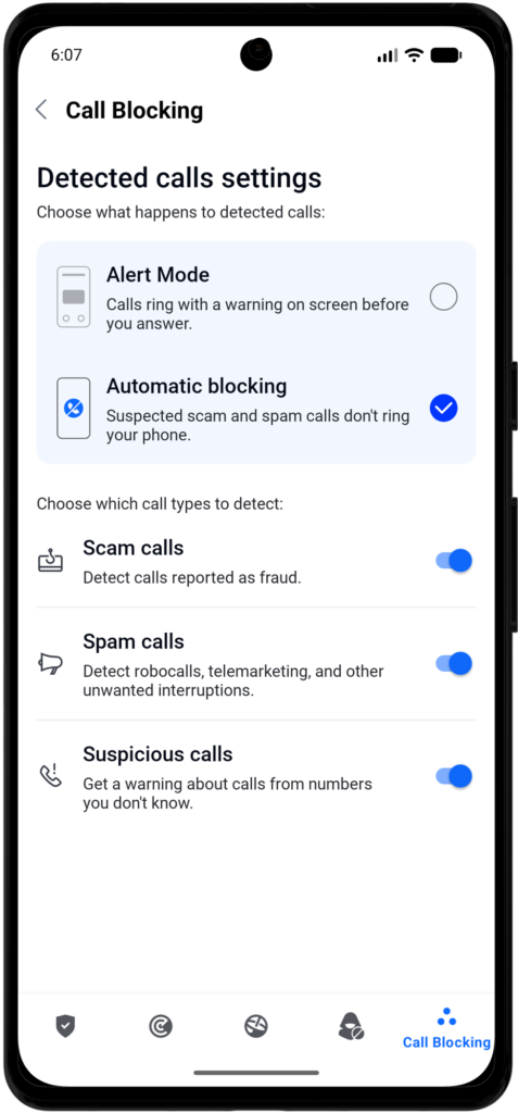 Detected calls settings