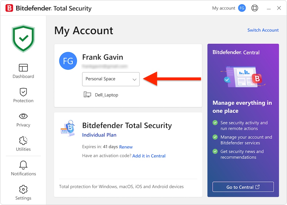 Personal space - device not using Bitdefender Ultimate Small Business Security