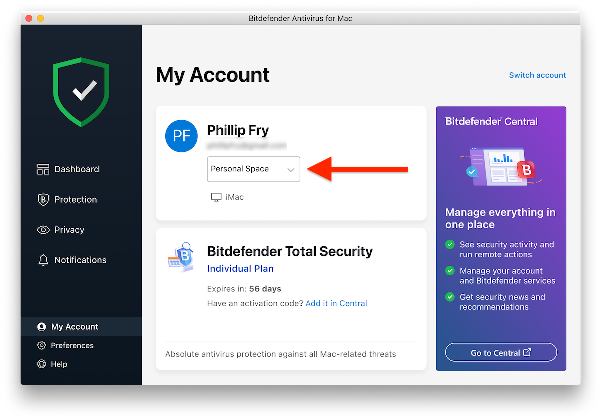Personal space - device not using Bitdefender Ultimate Small Business Security