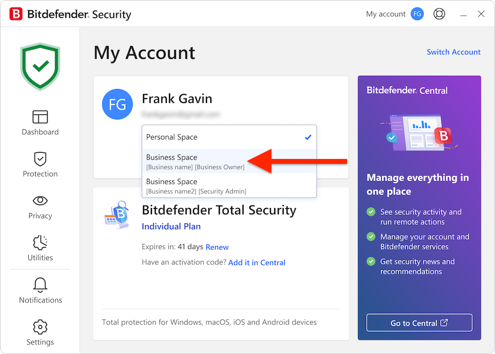 Business space - device not using Bitdefender Ultimate Small Business Security