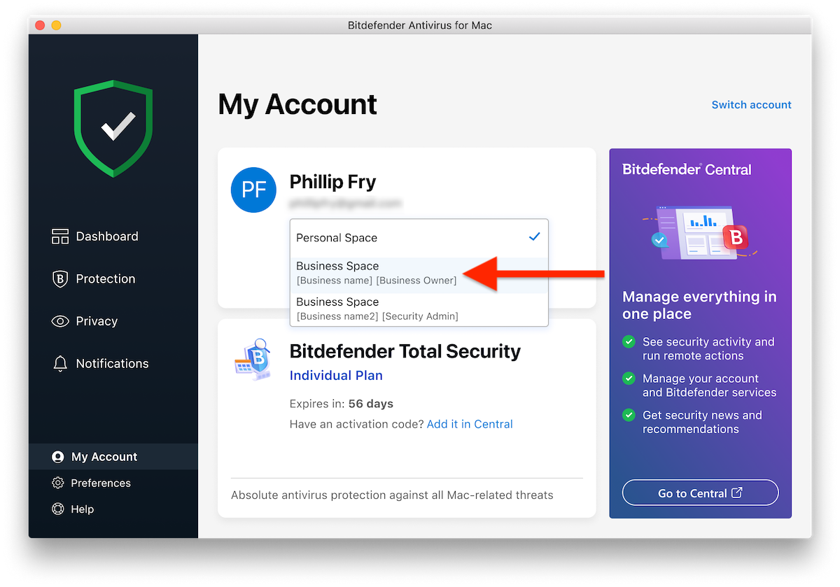 Business space - device not using Bitdefender Ultimate Small Business Security