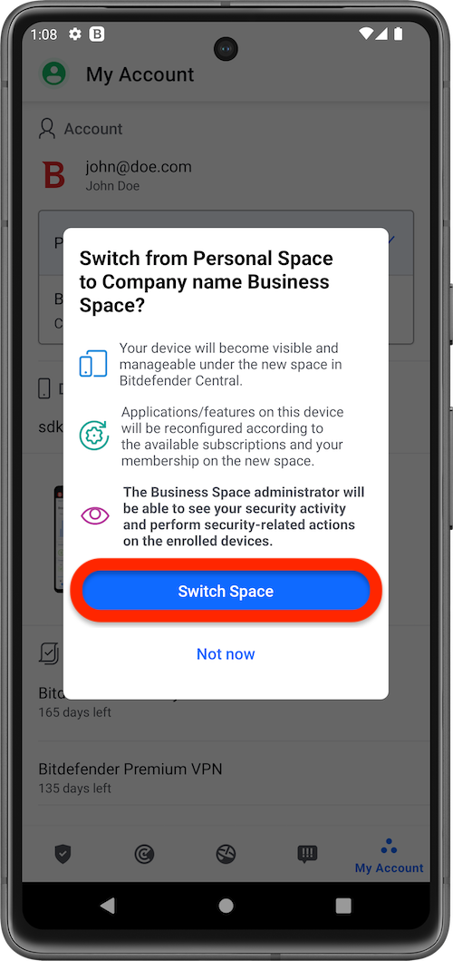 Switch to business space if the device is not using Bitdefender Ultimate Small Business Security.