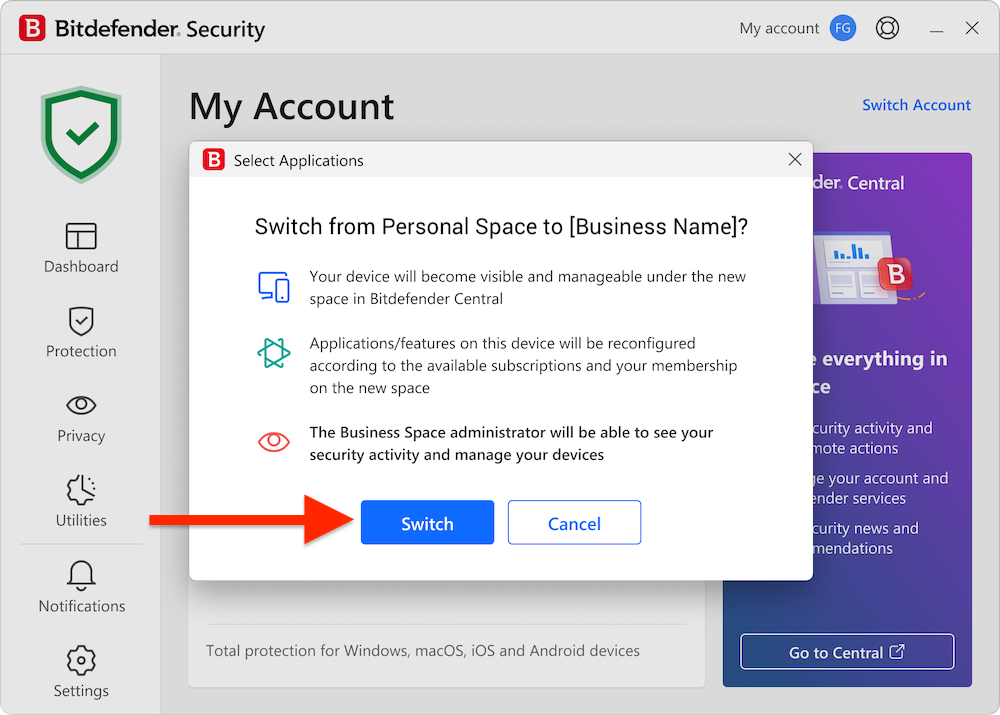 Switch to business space if the device is not using Bitdefender Ultimate Small Business Security.
