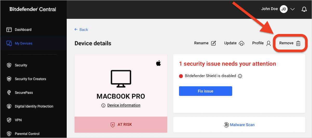 Remove device at risk