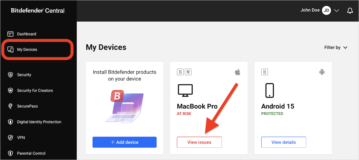 My devices > view issues > device at risk