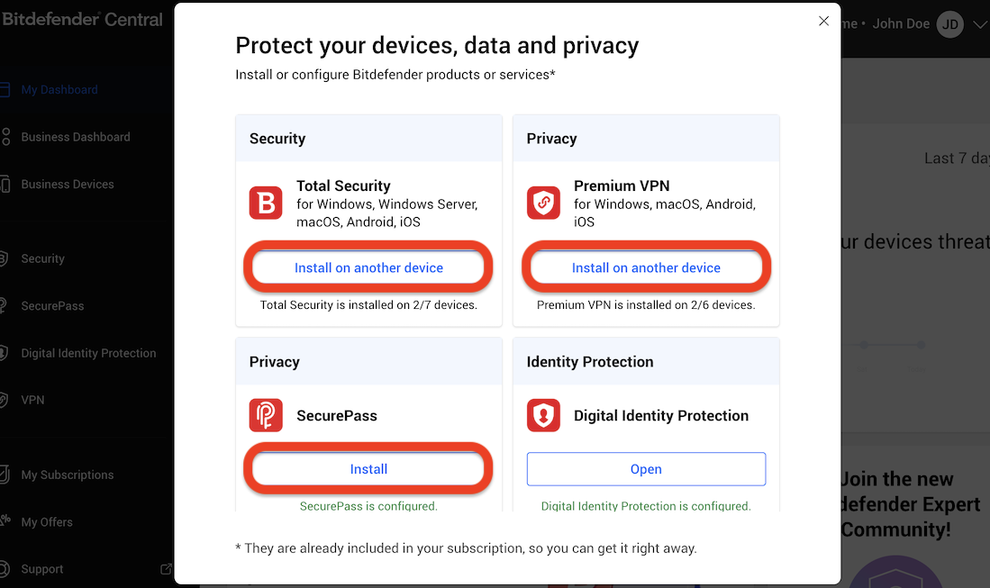 how to install Bitdefender Ultimate Small Business Security on another device