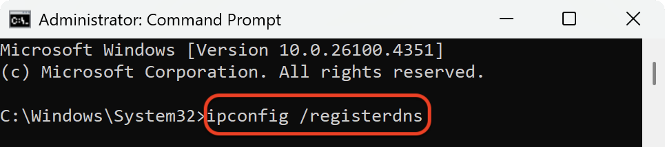 Command Prompt with ipconfig /registerdns command. How to flush DNS cache on Windows