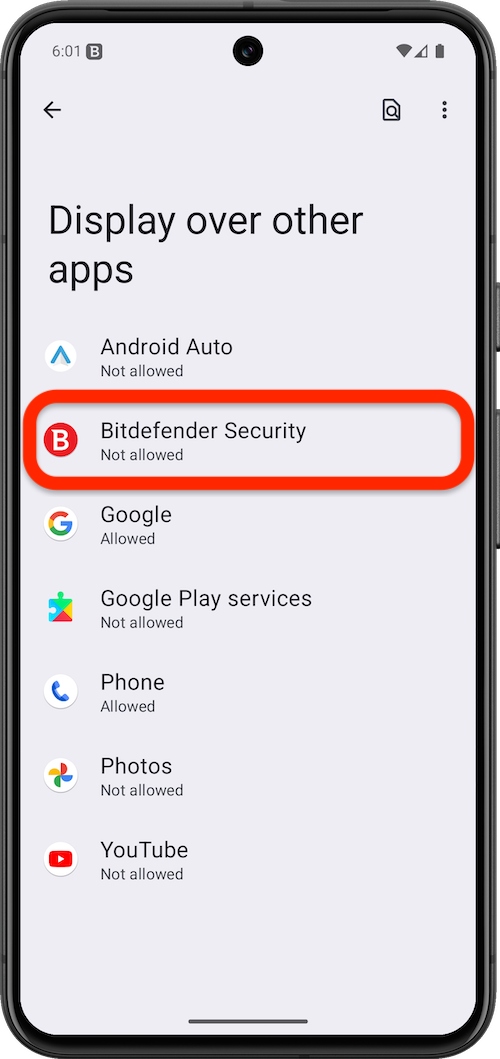 Display over other apps > Bitdefender Security
