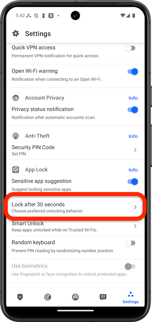 Lock after 30 seconds or “Keep unlocked until screen off