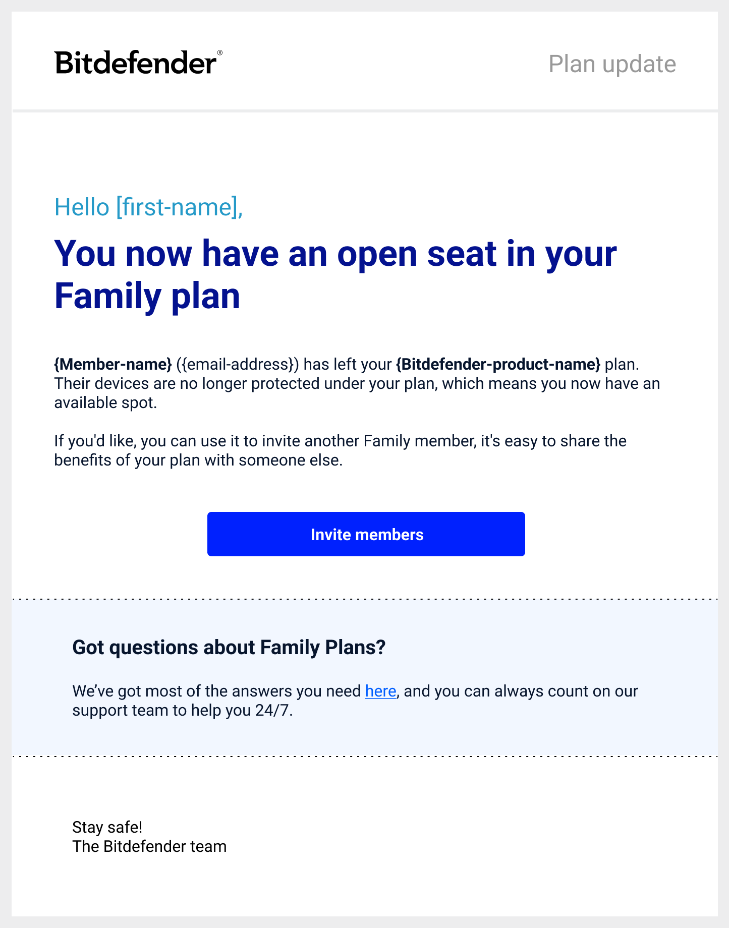 Email notification sent to the family manager