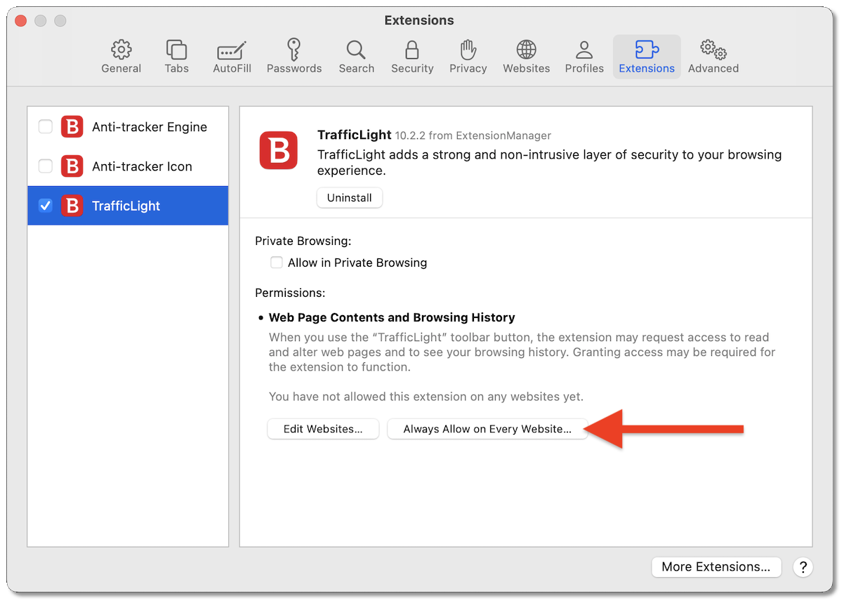 Click Always allow on every website to fully install Web Protection on macOS - Safari