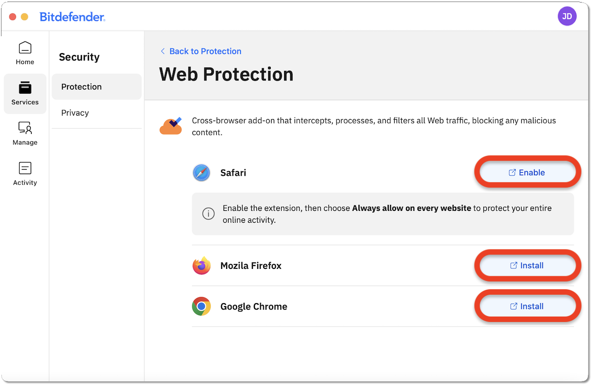 install Web Protection extension