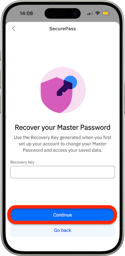 Enter recovery key and tap continue