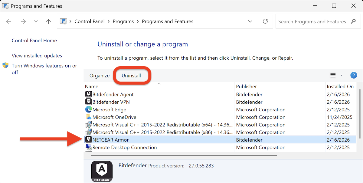 Uninstall NETGEAR Armor for Windows