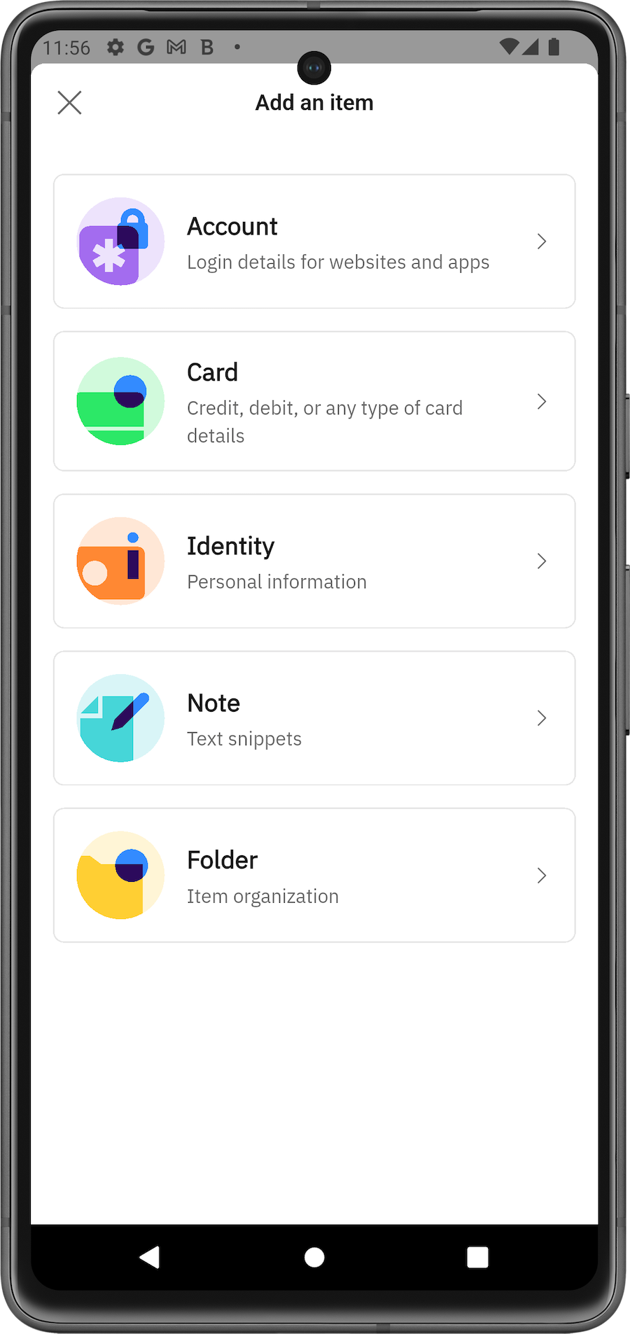 Add an item (account, card, identity, note)