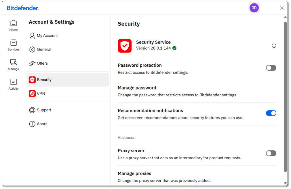 Bitdefender App interface - Windows > Settings > Security