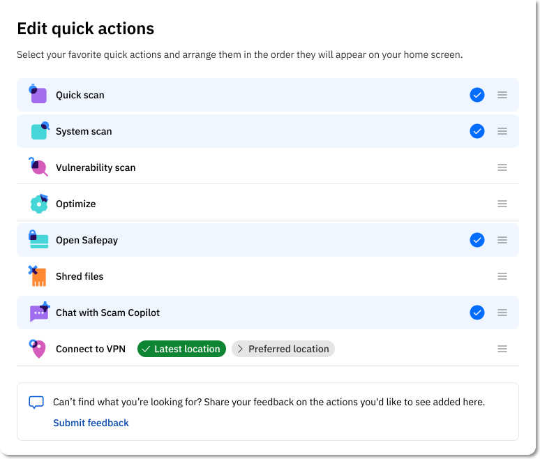 Edit quick actions