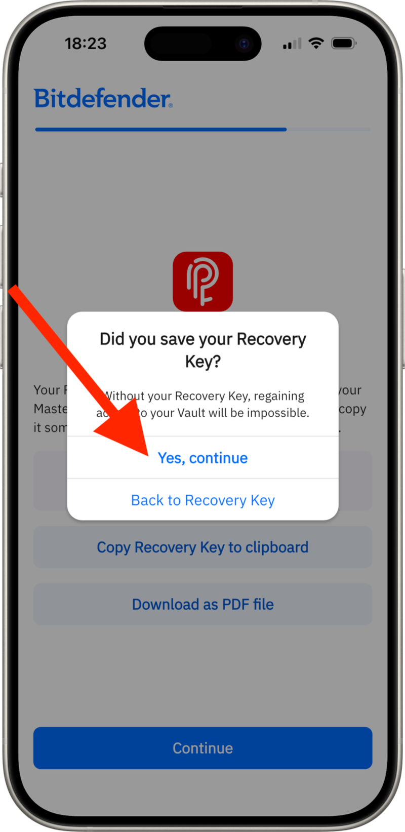 Continue only after saving your recovery key