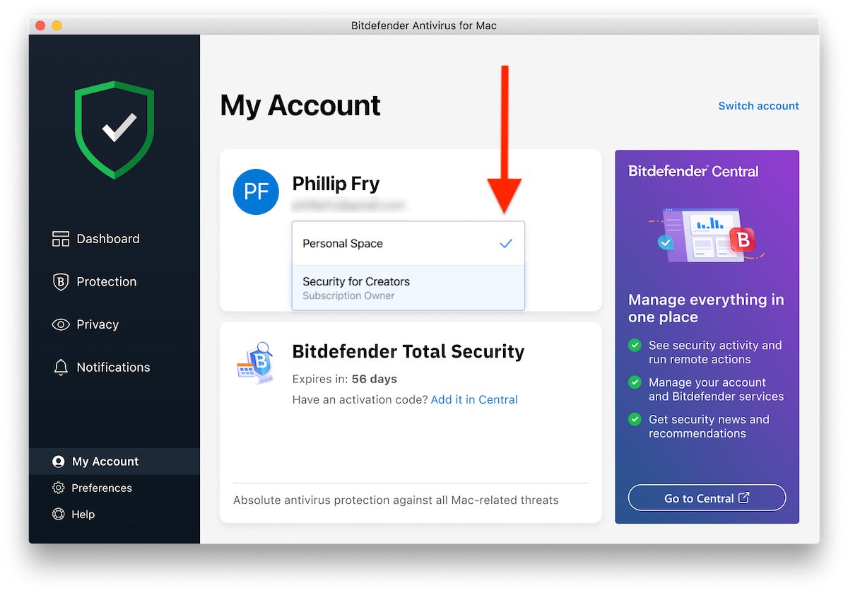 Switch from personal space to Security for Creators space