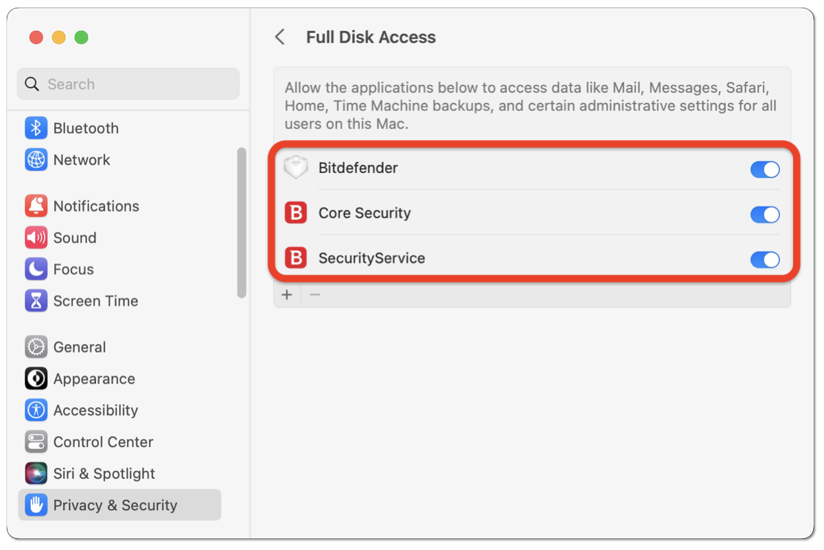 How to grant Full Disk Access to Bitdefender on macOS Ventura or Sonoma