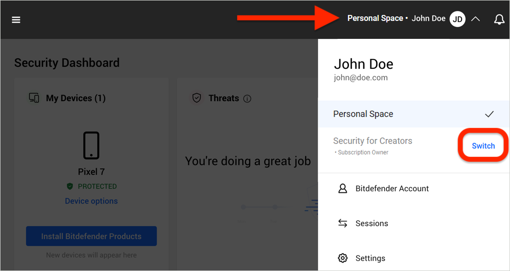 Bitdefender Central : Personal space and Security for Creators space