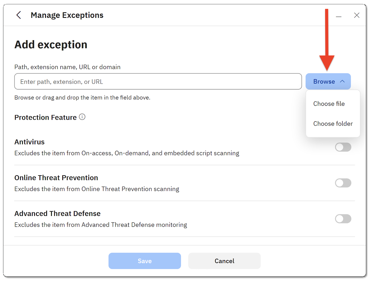 Add antivirus exception for file or folder