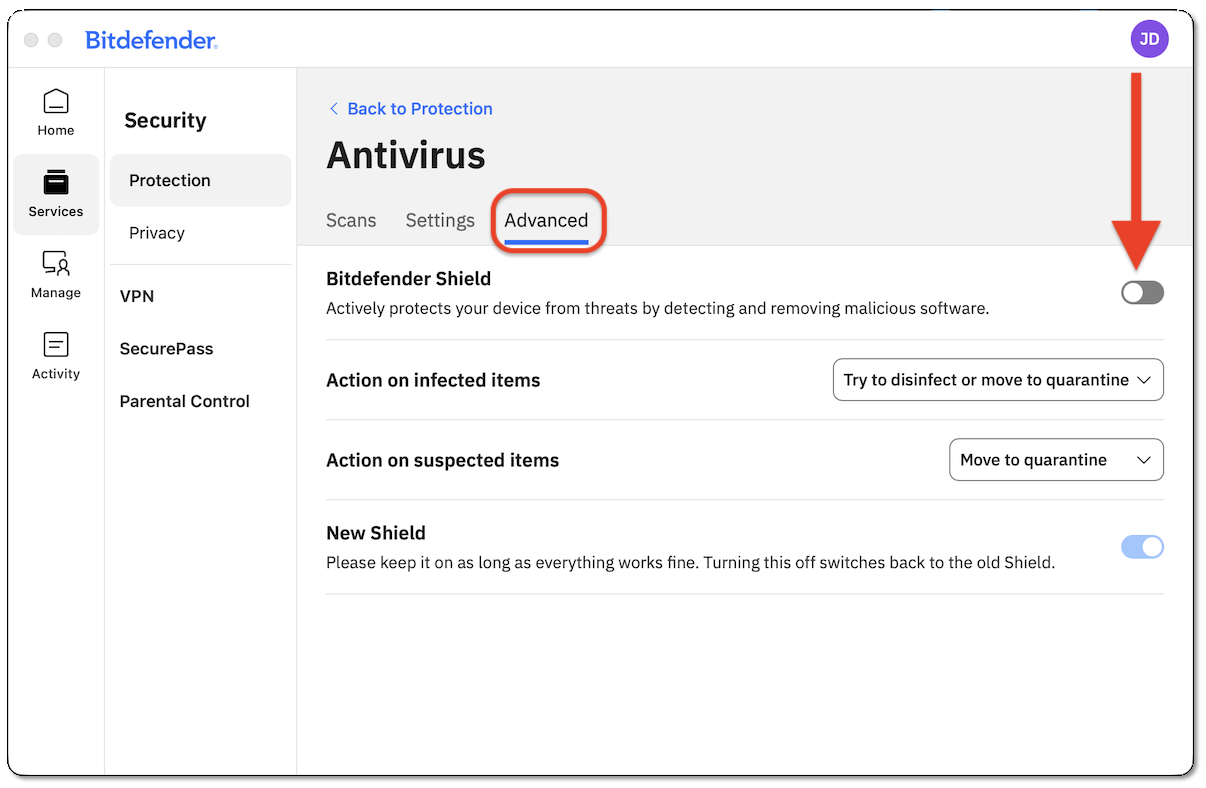 Turn off Bitdefender Shield to disable Bitdefender App on macOS