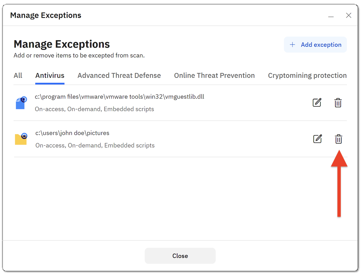 How to delete Antivirus exception on Windows
