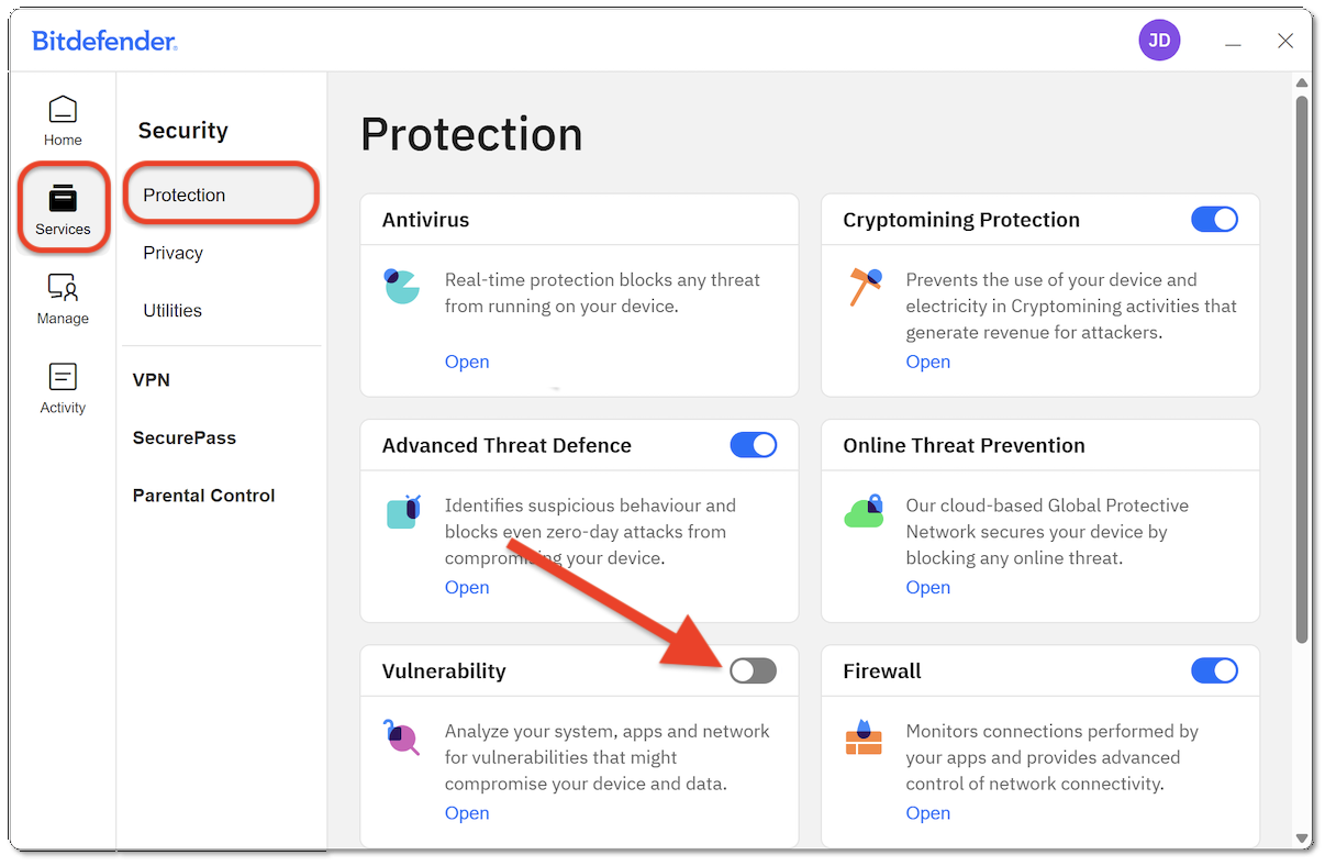 How to turn off Vulnerability module in Bitdefender app for Windows