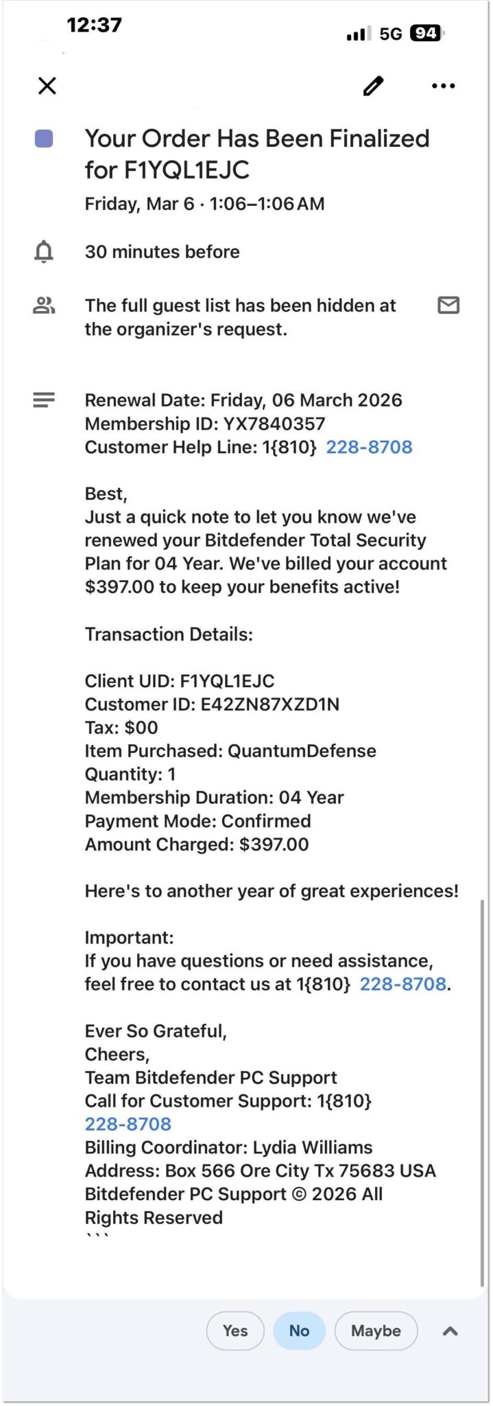 Warning! Fake Emails Impersonating Bitdefender Renewal Orders
