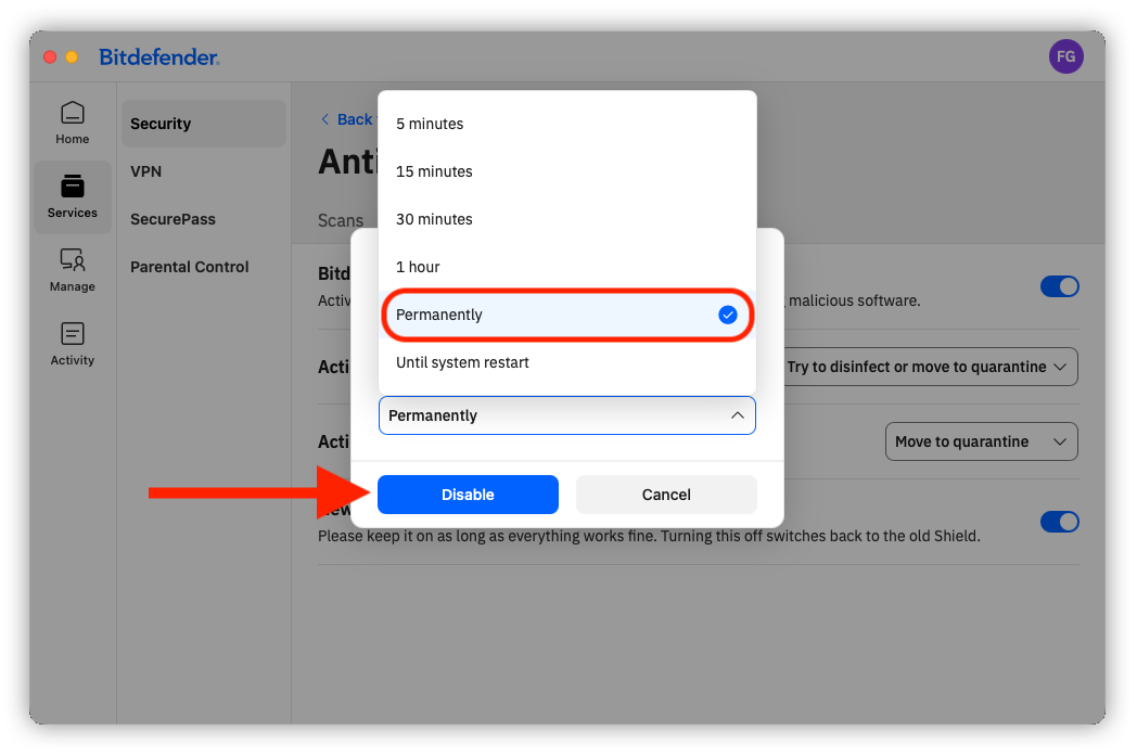Disable Bitdefender Shield