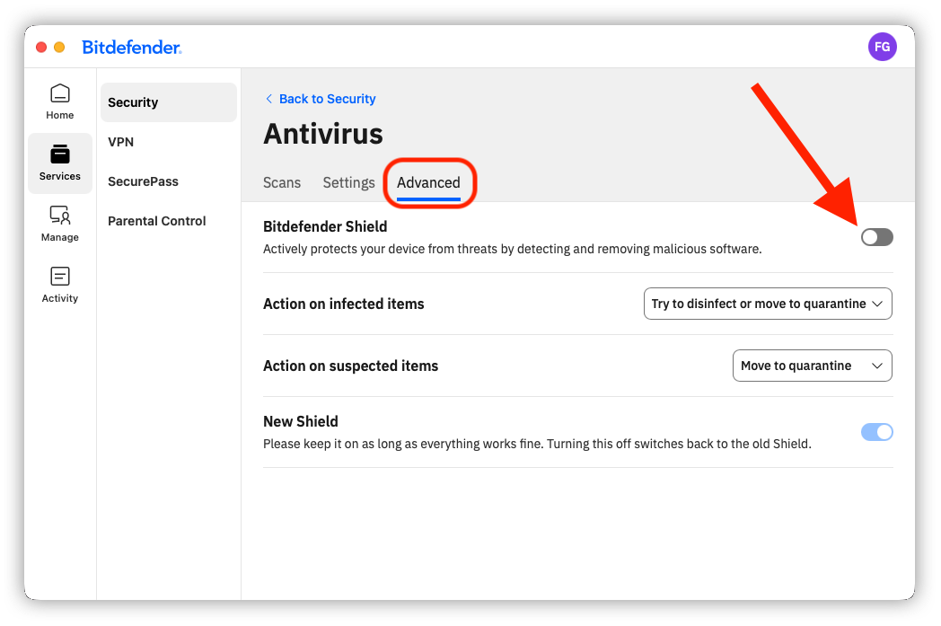Turn off Bitdefender Shield to disable Bitdefender App on macOS