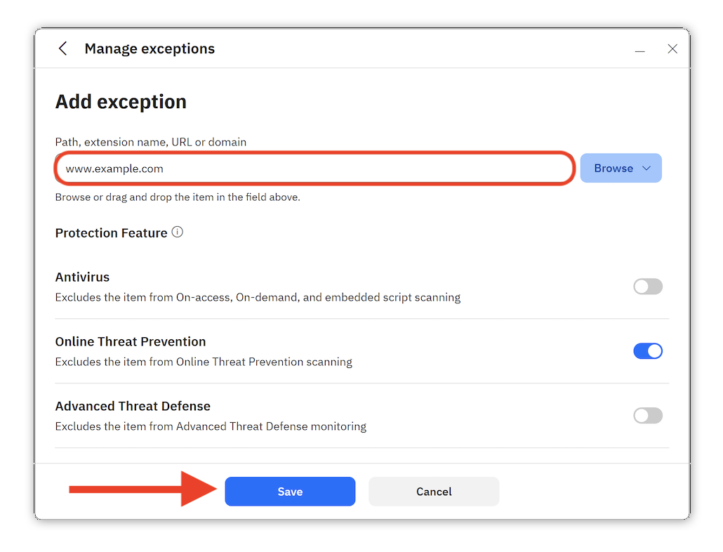 How to add a website exception on Windows