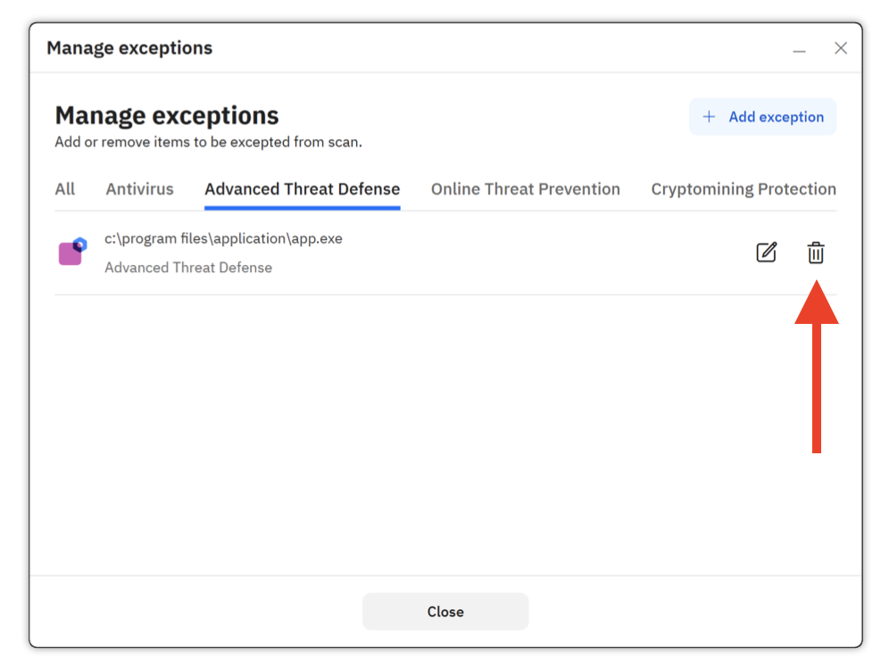How to delete an Advanced Threat Defense exception