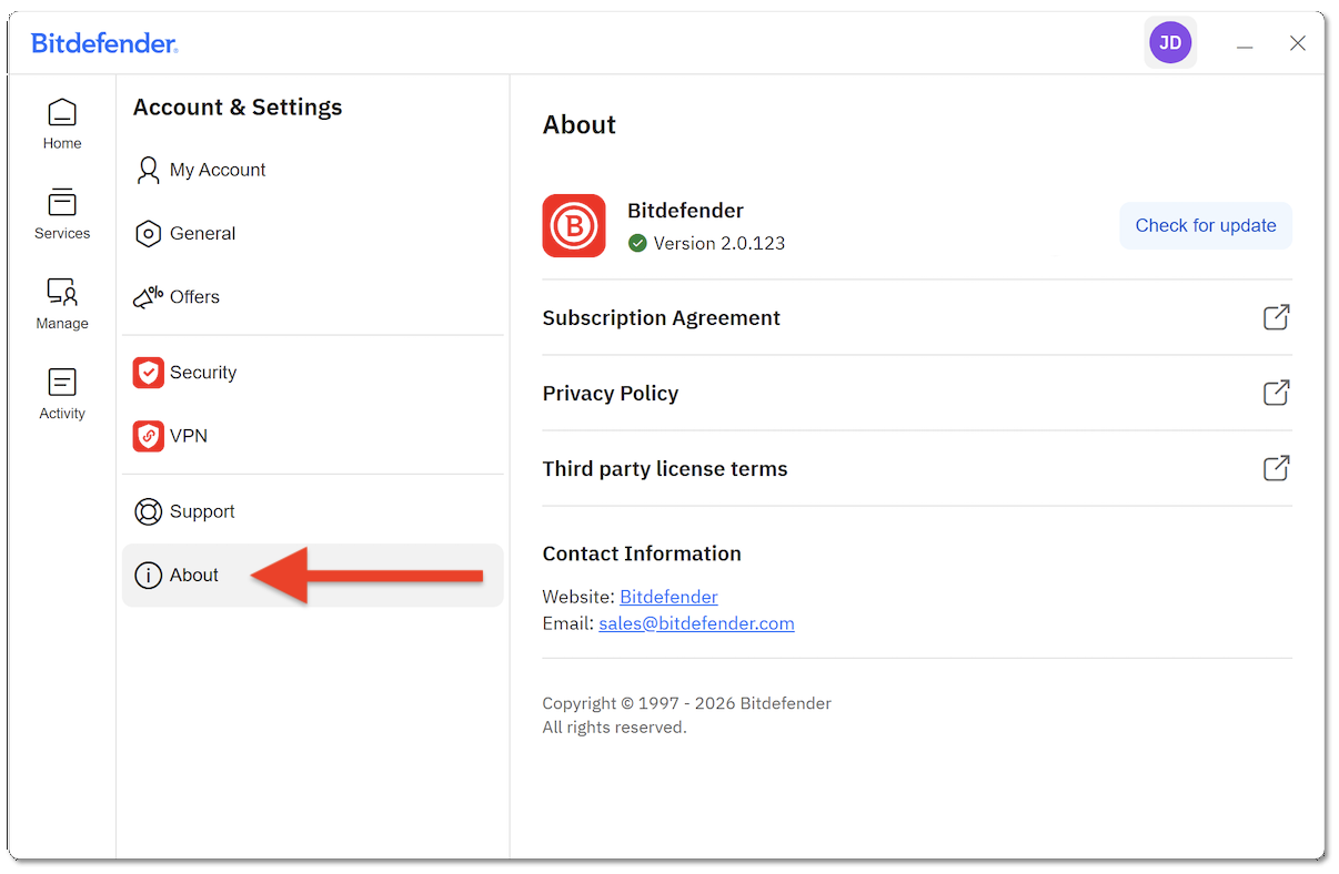 About > update Bitdefender App