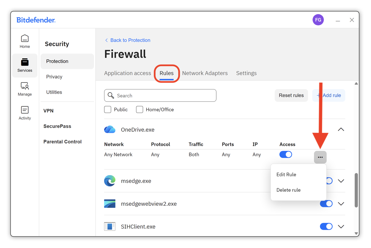 Edit or delete firewall rule