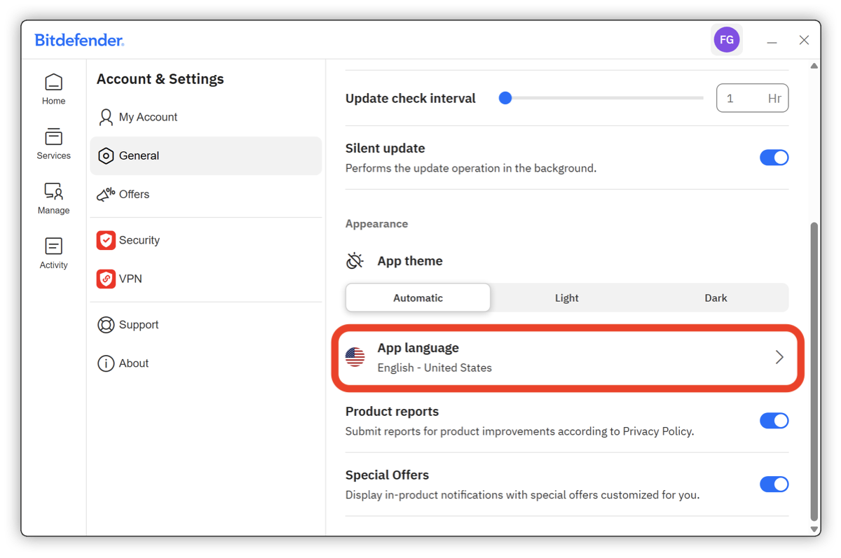 How to change Bitdefender app language
