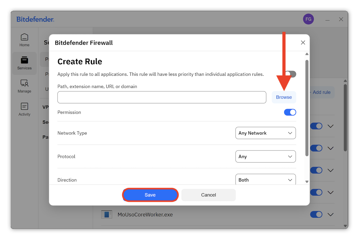 How to add a firewall exception